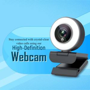 Close-up of a black webcam with a ring light, promoting clear video calls.