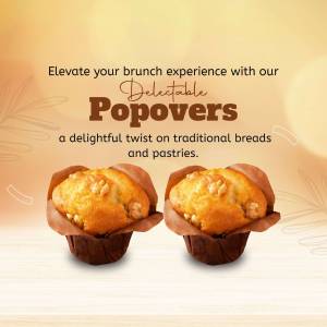 Two golden popovers in paper wrappers, promoting a brunch experience.
