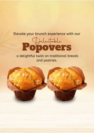 Two golden brown popovers in brown paper wrappers, promoting a brunch experience.