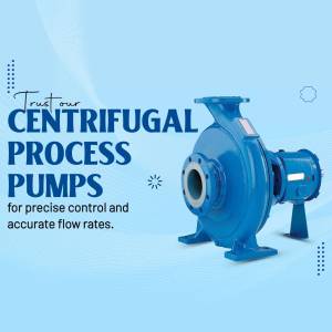Blue centrifugal pump with text overlay promoting precise flow control