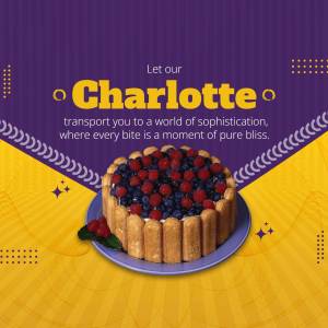 A beautifully decorated Charlotte cake with fresh berries on a yellow and purple background.
