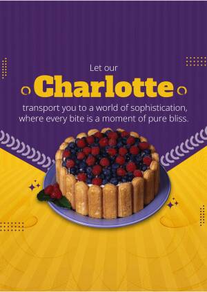 A beautifully decorated Charlotte cake with fresh berries on a yellow and purple background.
