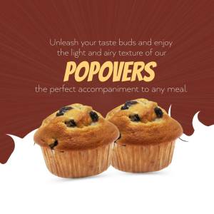 Two golden brown popovers with blueberry toppings on a brown background