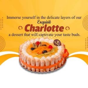 A promotional image of a Charlotte cake with fruits, advertising its exquisite taste.