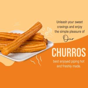 A close-up of golden brown churros served on a white plate with a vibrant orange background.