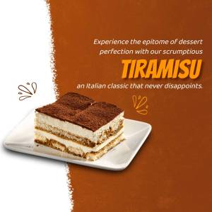 Close-up of a Tiramisu dessert on a white plate with a brown and white background.