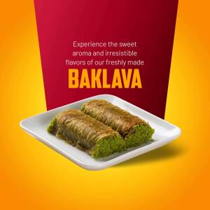 Close-up of two pieces of Baklava on a white plate with a red background.