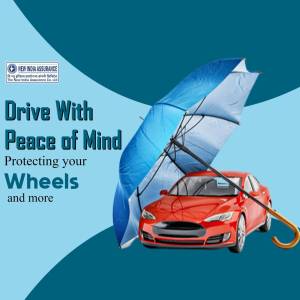 Image of a red car under a blue umbrella with New India Assurance branding.