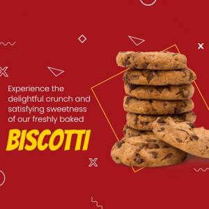 Stack of chocolate chip biscotti cookies with geometric shapes and text.