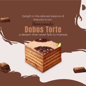 Close-up of a layered Dobos Torte with chocolate shavings and chocolate pieces.