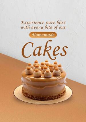 A beautifully decorated caramel-colored cake with a golden base and caramel drizzle, promoting homemade cakes.