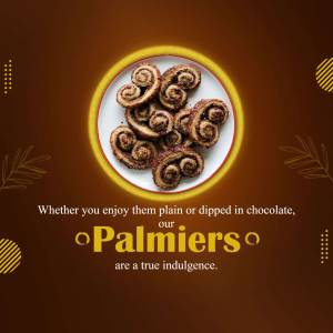 Close-up of Palmier cookies on a plate with a brown background and text promoting them as an indulgence.