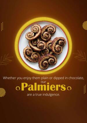 A close-up of palmier cookies on a plate with a golden border and text promoting them as an indulgence.