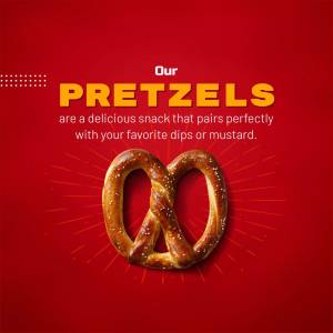 Close-up of a golden brown pretzel on a red background with text promoting it as a delicious snack.