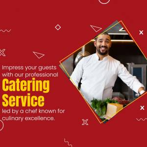Chef promoting catering services with a red and white abstract background.