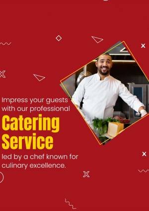 Chef promoting catering services with a red background and geometric shapes.