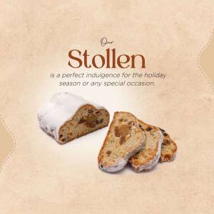Sliced Stollen cake with powdered sugar on a beige background