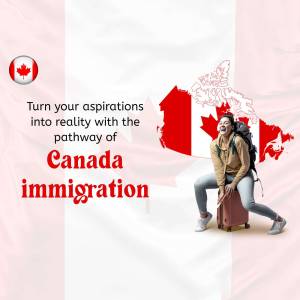 Woman with backpack and suitcase in front of a Canadian flag and map, promoting Canada immigration.