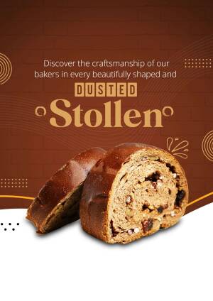 Close-up of a Dusted Stollen, a traditional German Christmas bread with dried fruits and powdered sugar.