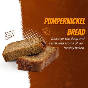 Close-up of sliced pumpernickel bread with decorative elements and text.