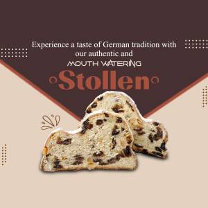 Close-up of a slice of Stollen, a traditional German Christmas bread.