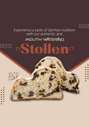 Close-up of a sliced Stollen, a traditional German Christmas bread, with dried fruits.