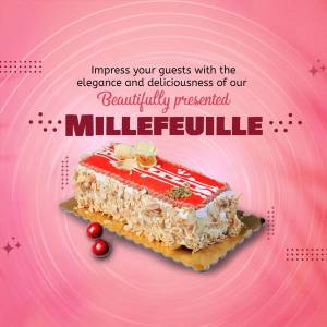 A beautifully presented Millefeuille cake with red glaze and almond flakes.