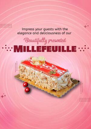 A beautifully presented Millefeuille cake with red glaze and almond flakes.