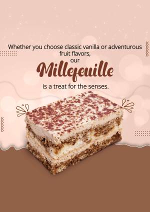A promotional image of a Millefeuille dessert with text highlighting its flavors.