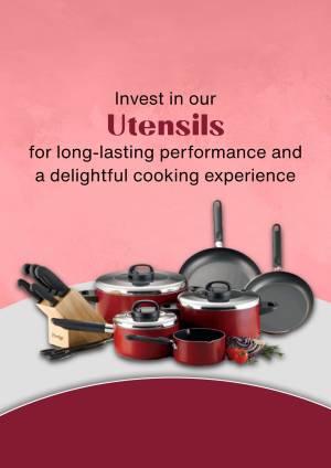Red and silver cookware set with knives and vegetables on a pink background