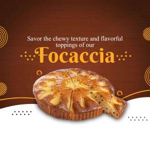 Close-up of a golden brown focaccia bread with toppings, perfect for a bakery or food advertisement.