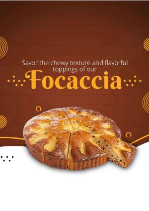 Close-up of a sliced focaccia bread with toppings on a brown background.