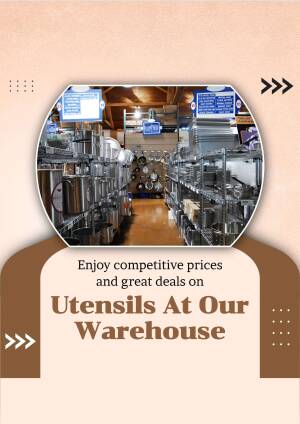 Interior view of a warehouse filled with stainless steel cookware and utensils, with promotional text.