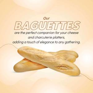 Close-up of golden brown baguettes on a peach background with text promoting them as perfect for cheese and charcuterie platters.