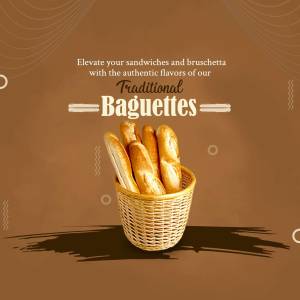 A basket of golden brown traditional baguettes with a brown background.