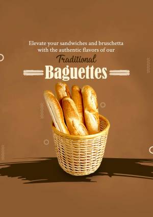 A basket of golden brown traditional baguettes with text promoting their use for sandwiches and bruschetta.