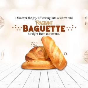 Close-up of golden brown baguettes on a wooden surface with text promoting their freshness.