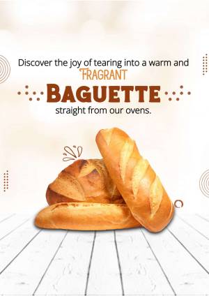 Close-up of golden brown baguettes on a wooden surface with promotional text.
