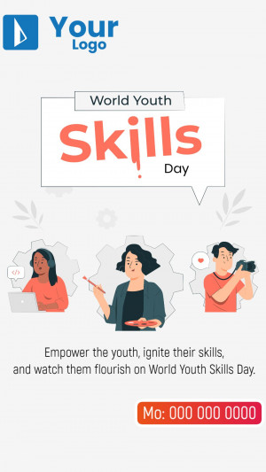 Illustration promoting World Youth Skills Day with diverse young people learning and developing skills.