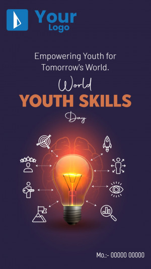 World Youth Skills Day promotional graphic with a lightbulb and icons representing skills and innovation.