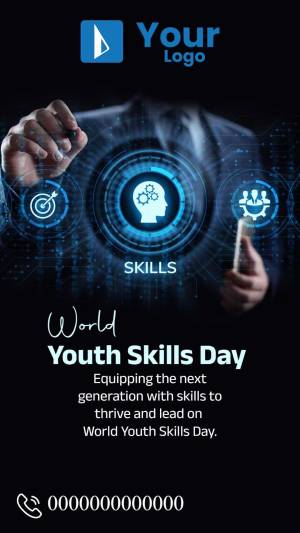 Promotional image for World Youth Skills Day featuring digital skills and a person interacting with technology.