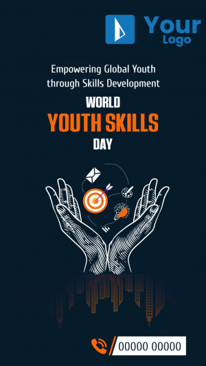 Image promoting World Youth Skills Day with hands cradling a target and cityscape.