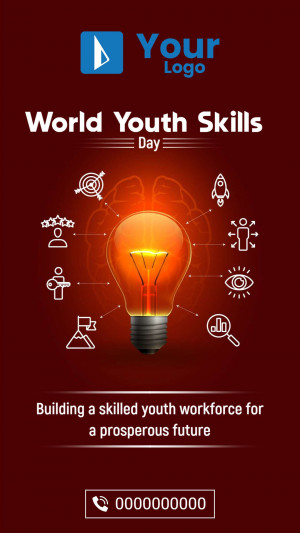 World Youth Skills Day graphic with a lightbulb and icons representing skills and growth.