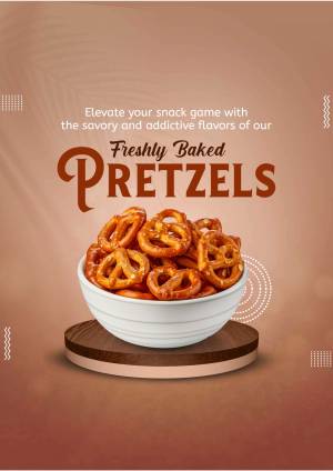 A bowl of freshly baked pretzels on a wooden stand with a promotional message.