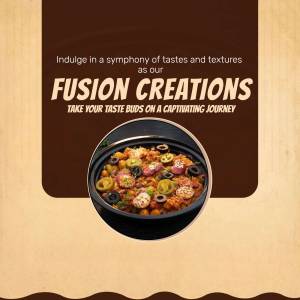 Close-up of a delicious fusion dish in a black bowl, with text promoting 'Fusion Creations'.