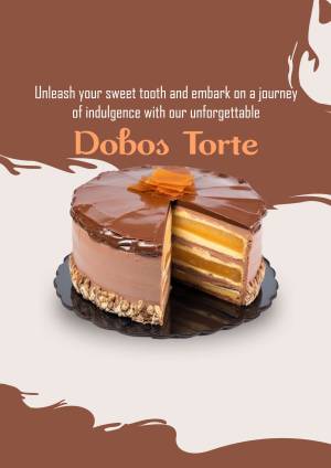 A beautifully presented Dobos Torte with a slice removed, showcasing its layered interior.