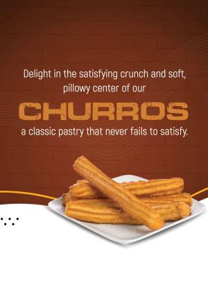 Close-up of golden brown churros on a white plate with a brick wall background.