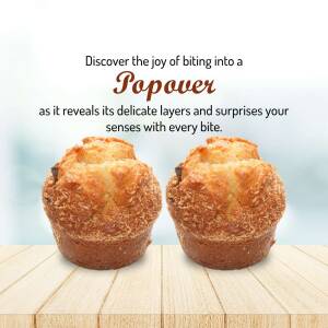 Two golden brown popovers on a wooden surface with text overlay.