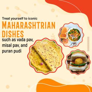 A promotional image showcasing popular Maharashtrian dishes like Vada Pav, Misal Pav, Puran Poli, and Thalipeeth.