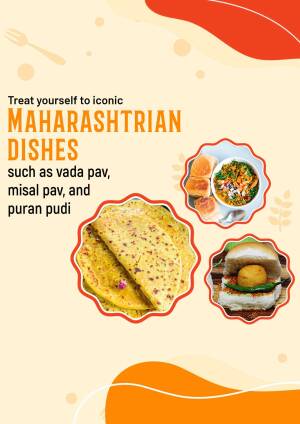 A promotional graphic featuring popular Maharashtrian dishes like Vada Pav, Misal Pav, and Puran Poli.